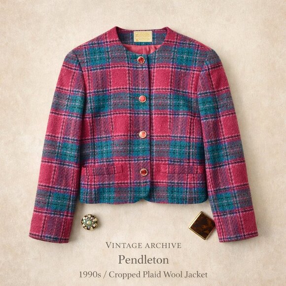 Vintage Pendleton Pink Teal Plaid Wool Cropped Jacket Jewel Buttons USA 10
